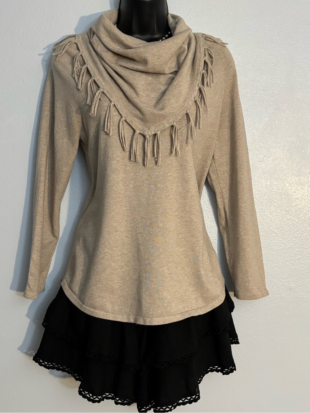 Style & Co. Beige Fringe Cowl Neck lightweight Sweater